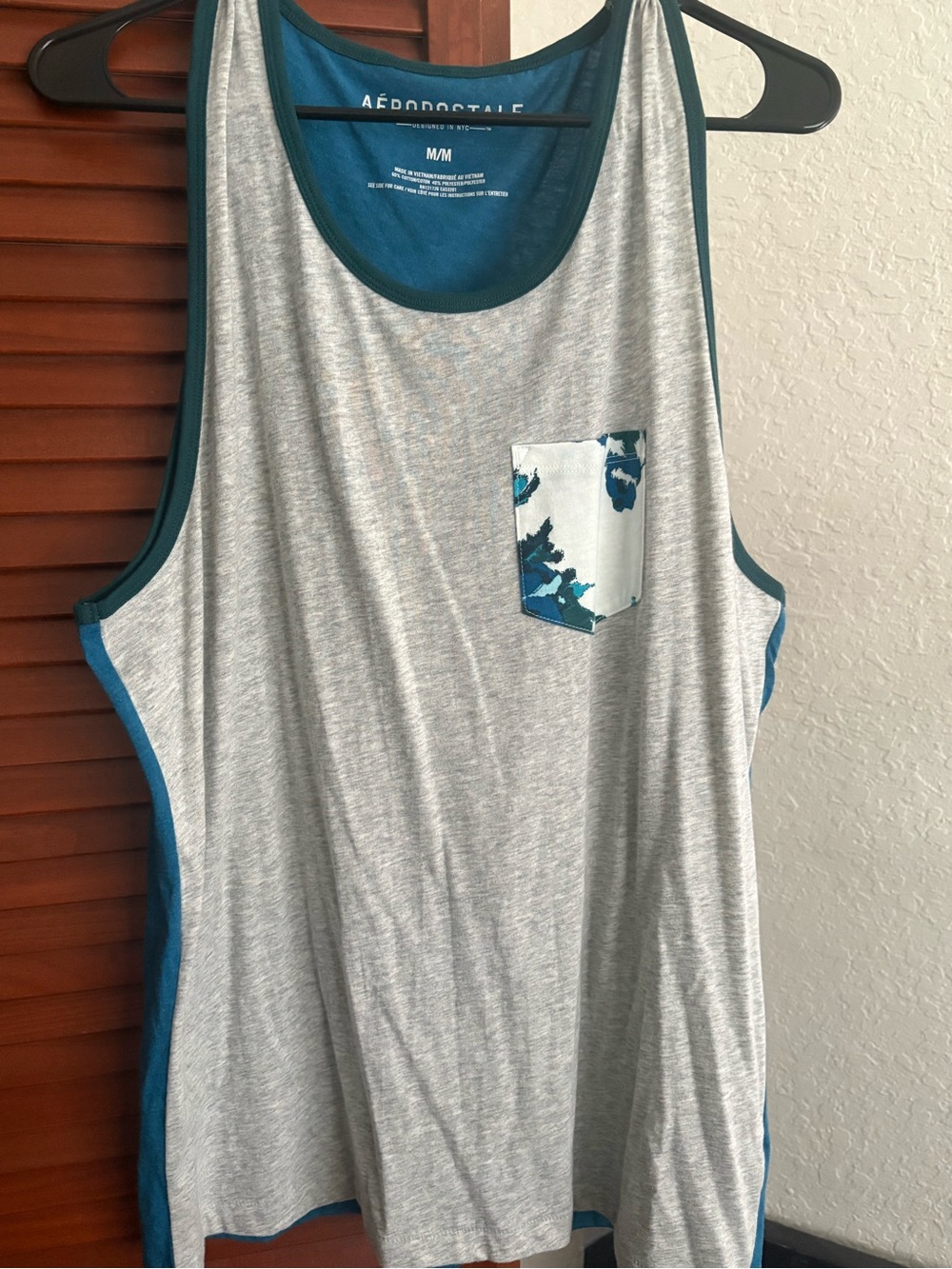 Aeropostale Gray Tank Top with Teal Trim and Floral Pocket